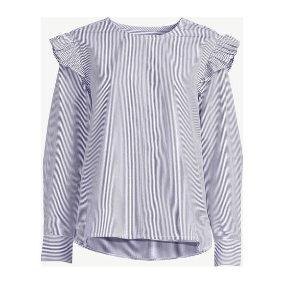 Free Assembly Tops - Free Assembly Blouse Blue White Striped Ruffle Shoulder Button 80s Preppy / SZ L